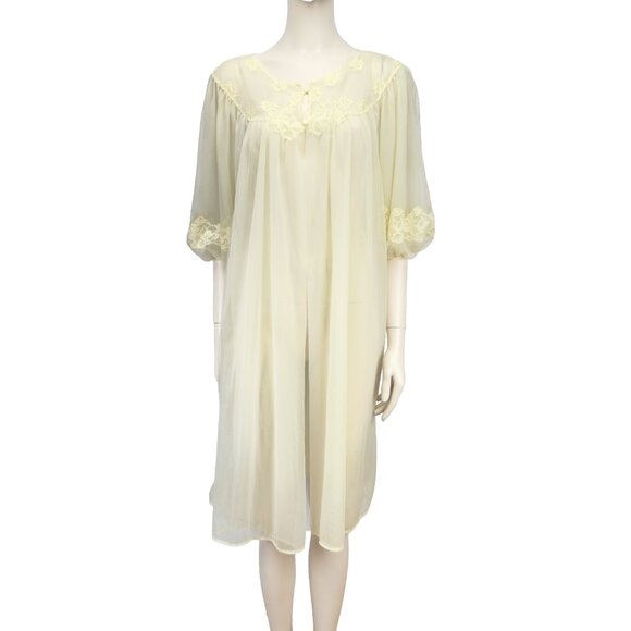 VTG 1960 KAYSER Layered Sheer Butter Yellow Puffed Sleeves Lace Nightgown M - Picture 1 of 11